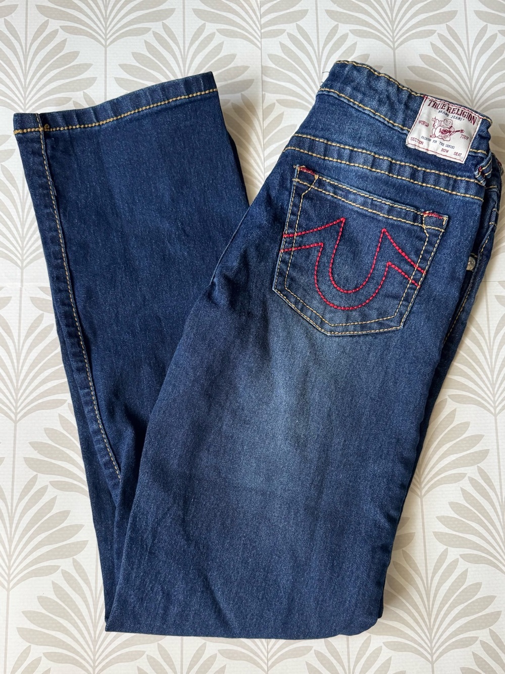 Boys 12 True Religion Dark Blue Relaxed Straight Jeans with Red Pocket Stitching